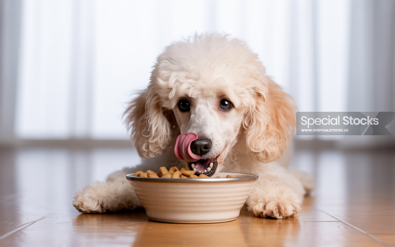 A photograph of a fluffy white poodle - Animals - fluffy white poodle, eating, dog