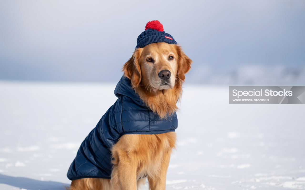 A photograph of a Golden Retriever sitting attentively - Animals - golden retriever, dog, snow