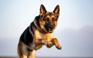 A photograph of a lively German Shepherd in a playful pose against a stark white background