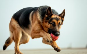 A photograph of a spirited German Shepherd mid-leap