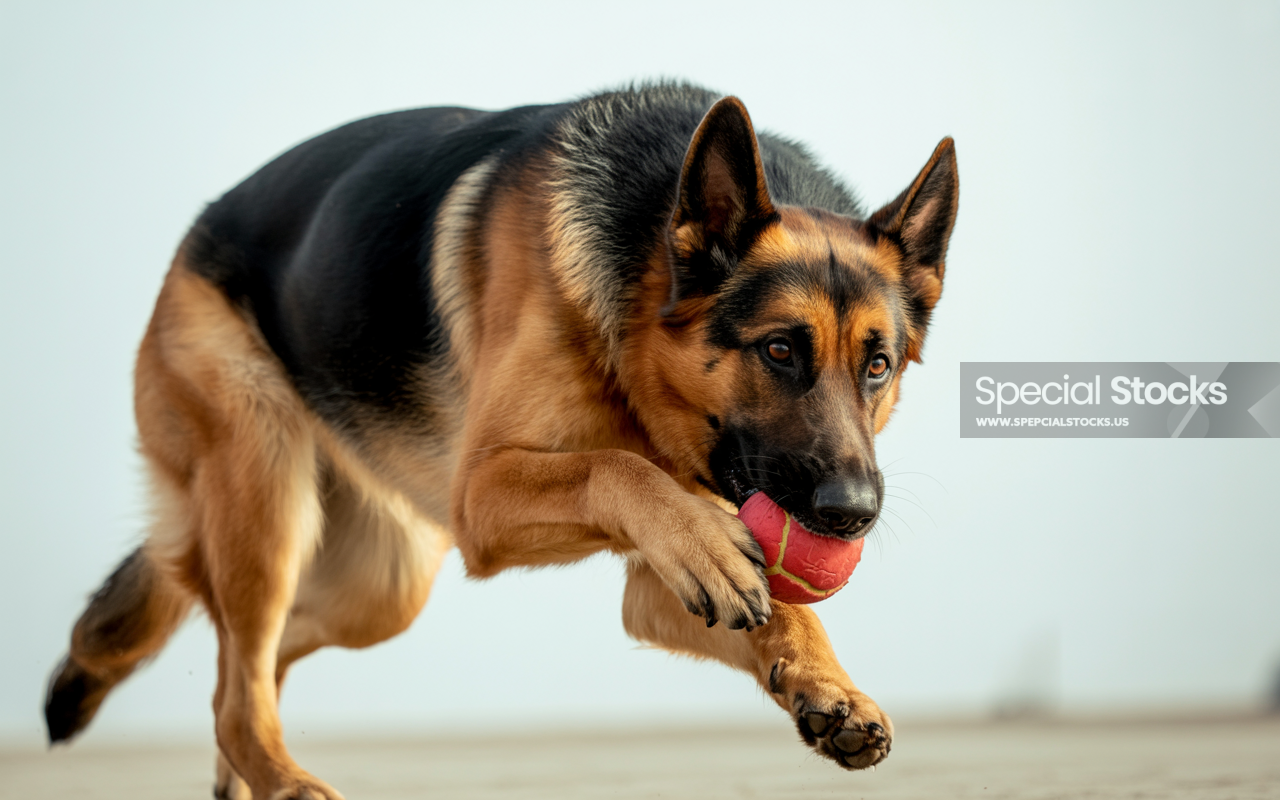 A photograph of a spirited German Shepherd mid-leap