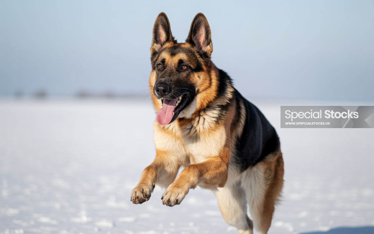 A photograph of a German Shepherd dog captured in a moment of exuberant play